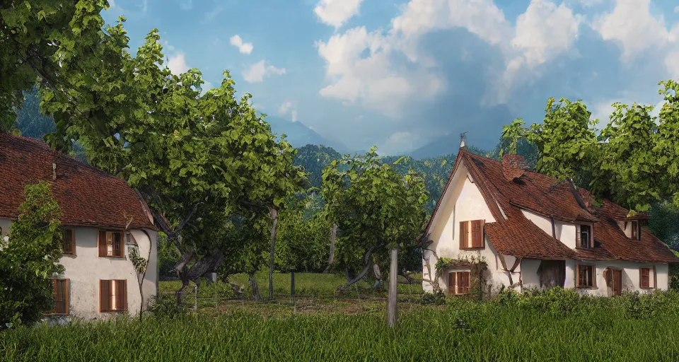 Prompt: A beautiful hyper realistic ultra detailed lifelike matte painting of traditional austrian house in a vineyard, unreal engine, deviantart, flickr, artstation, octane render, textured, colorful, extreme realistic detail, physically based rendering, pbr render, very detailed, volumetric lighting, detailed lighting, octane render, 4k, cinematic lighting, 8k resolution