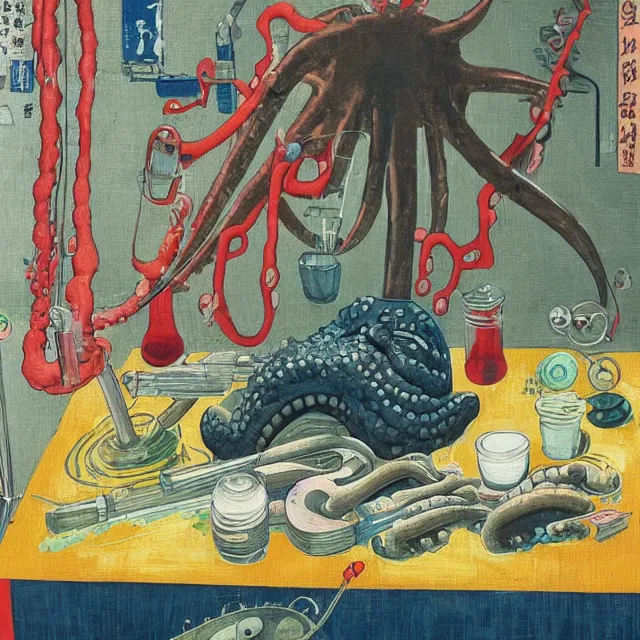 Prompt: female android, surgical equipment, giant octopus, dinosaur bones, raw pork, berry juice drips, pancakes, berries, scientific glassware, plant roots, art supplies, candles dripping wax, neo - impressionist surrealism, acrylic and spray paint and oilstick on canvas, by hiroshige