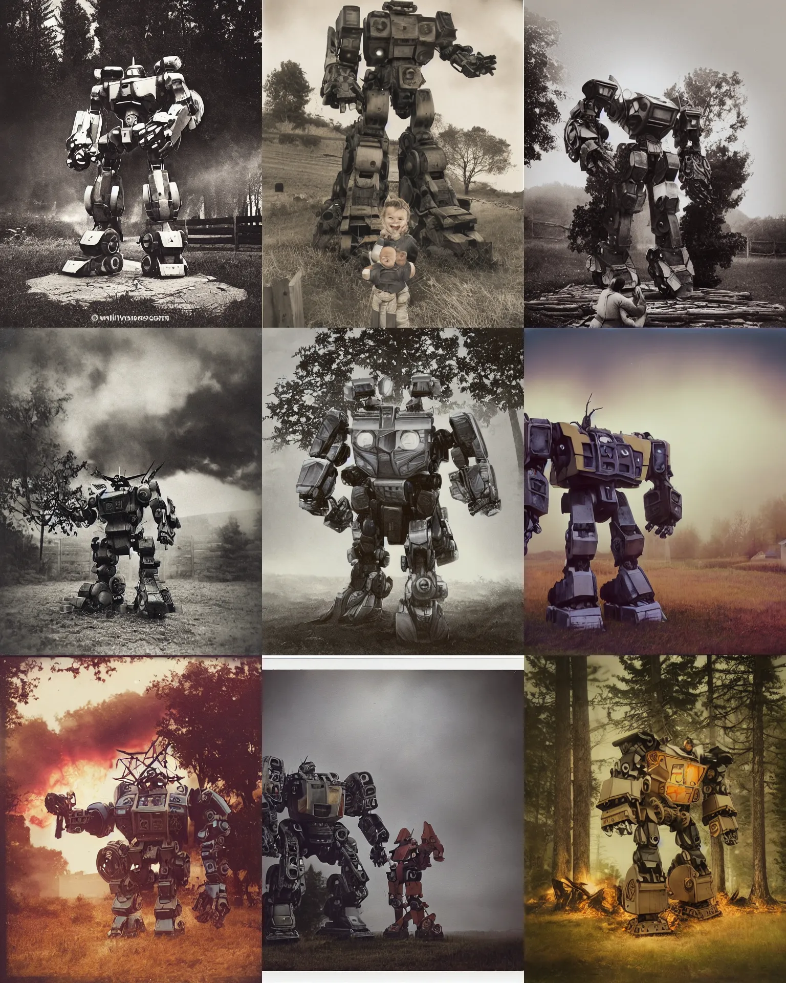 Prompt: giant oversized battle robot mech in battle pose as giant baby robot on a village, wooden fence and burning tree remains in far background, Cinematic backlight focus, Polaroid photo, vintage, neutral colors, soft lights, foggy, natural mysterous intricate detaild grainy photo, by Steve Hanks, by Serov Valentin, by lisa yuskavage, by Andrei Tarkovsky