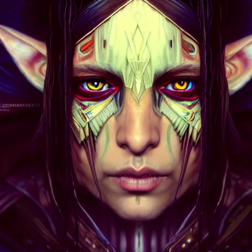 Image similar to portrait painting of a cyberpunk native american elf elven street samurai, ultra realistic, concept art, intricate details, eerie, highly detailed, photorealistic, octane render, 8 k, unreal engine. art by artgerm and greg rutkowski and charlie bowater and magali villeneuve and alphonse mucha