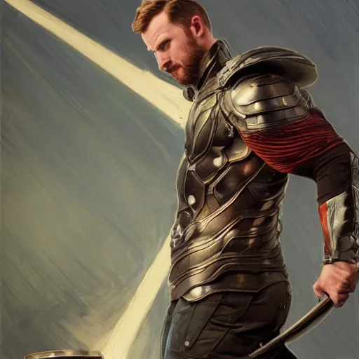 Image similar to Chris Evans wielding mjolnir, highly detailed, digital painting, artstation, concept art, smooth, sharp focus, illustration, ArtStation, art by artgerm and greg rutkowski and alphonse mucha and J. C. Leyendecker and Edmund Blair Leighton and Katsuhiro Otomo and Geof Darrow and Phil hale and Ashley wood and Ilya repin and Charlie Bowater