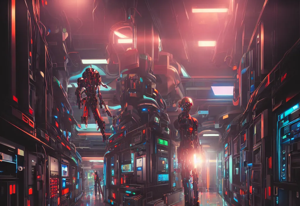 Prompt: shot of film, human like a mech, full body, in detailed server room, in data center, character design, symmetrical, vivid color, complementary color, detailed, sharp lines, trending on artstation, volumetric lighting, dramatic lighting by yoichi hatakenaka, cyberpunk art by asher brown durand