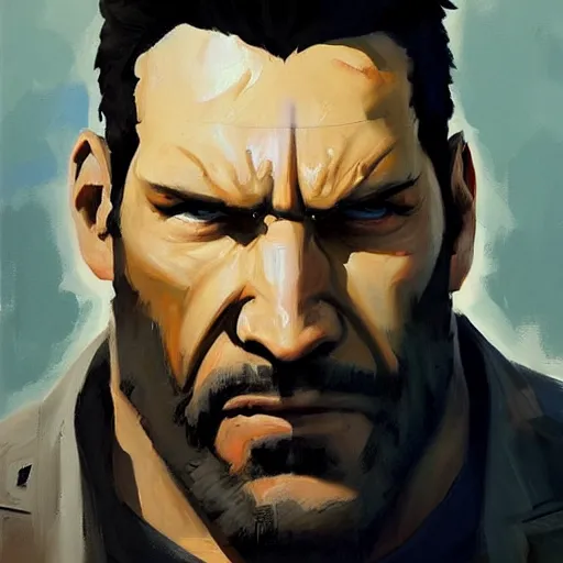 Image similar to greg manchess portrait painting of light frank castle aka punisher as overwatch character, medium shot, asymmetrical, profile picture, organic painting, sunny day, matte painting, bold shapes, hard edges, street art, trending on artstation, by huang guangjian and gil elvgren and sachin teng