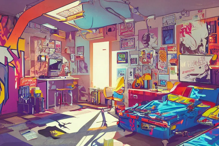 Image similar to a room of an american teen, graffiti and posters on the wall, bright, 8 0 s style, nostalgic, the sun shines in, warm, cozy, isometric art, bright, artstation, highly detailed, cinematic lighting + masterpiece