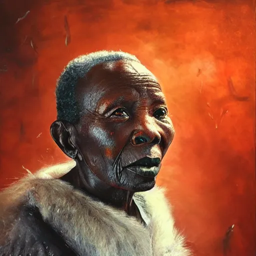 Prompt: a painting of a wise elder from Kenya by Wangechi Mutu . dramatic angle, ethereal lights, details, smooth, sharp focus, illustration, realistic, cinematic, artstation, award winning, rgb , unreal engine, octane render, cinematic light, macro, depth of field, blur, red light and clouds from the back, highly detailed epic cinematic concept art CG render made in Maya, Blender and Photoshop, octane render, excellent composition, dynamic dramatic cinematic lighting, aesthetic, very inspirational, arthouse.