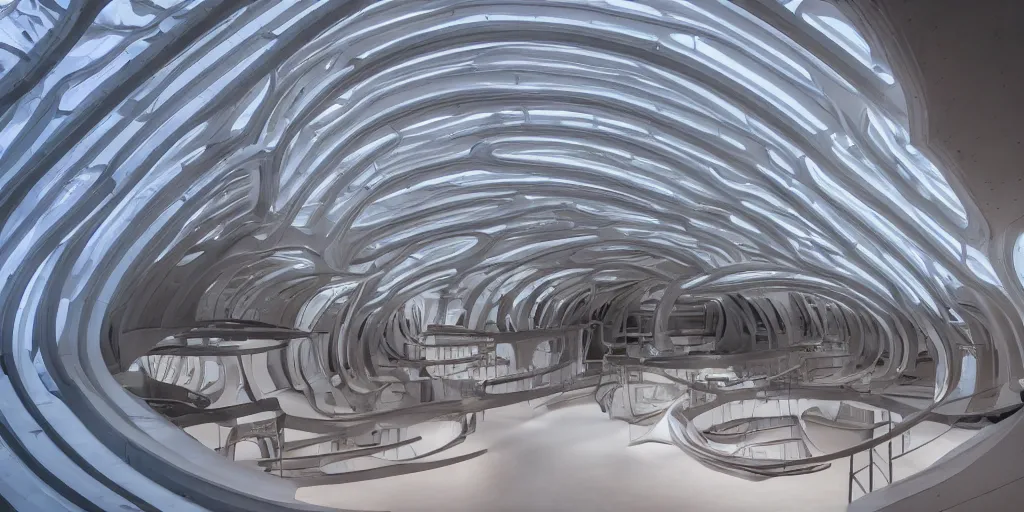 Prompt: extremely detailed stunning beautiful futuristic smooth curvilinear museum interior, gills, hyper real, 8k, 3D cinematic volumetric light, atmospheric light