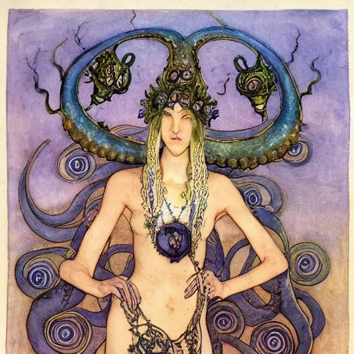 Prompt: the tentacle crown, by Annie Swynnerton and Nicholas Roerich! and (((Edmund Dulac))), bioluminescent skin, tattoos, elaborate costume, geometric ornament, symbolist, rich colors, dramatic lighting, smooth, sharp focus, extremely detailed