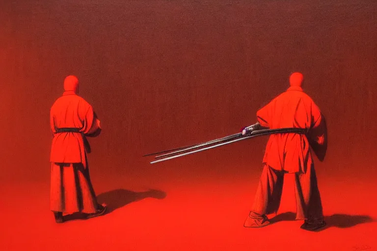 Image similar to only with red, a red samurai harakiri, tokio, a lot of frogs watch, in the style of beksinski, parts by edward hopper, parts by rodcenko, parts by yue minjun, intricate and epic composition, red by caravaggio, insanely quality, highly detailed, masterpiece, red light, artstation, 4 k