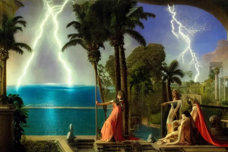 Prompt: Palace of the chalice, refracted sparkles, thunderstorm, greek pool, beach and Tropical vegetation on the background major arcana sky and occult symbols, by paul delaroche, hyperrealistic 4k uhd, award-winning, very detailed paradise