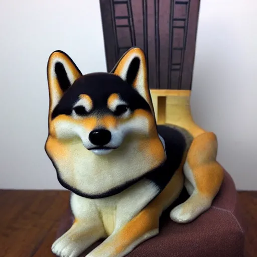 Image similar to a shiba inu sitting on a medieval throne