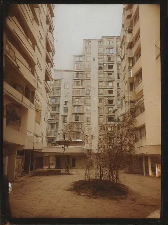 Image similar to polaroid photo of low residential building in russian suburbs, lights are on in the windows, deep night, post - soviet courtyard, cozy atmosphere, light fog, street lamps with orange light, several birches nearby, several elderly people stand at the entrance to the building