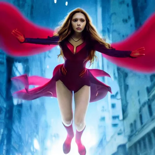 Image similar to elizabeth olsen artstation scarlet witch, floating in the air as she emanates magic from her palms, full - body portrait, 3 5 mm!!!!! photography, disdain facial expression, messy!!!!! hair, trending on artstation, photorealistic!!!!!, 4 k, 8 k