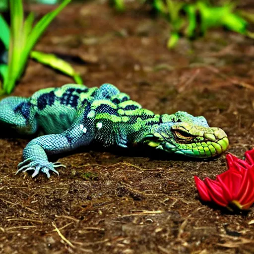 Image similar to reptile with flower bulb growing on its back