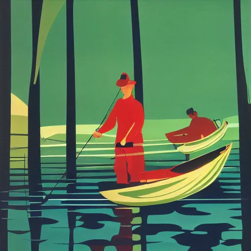 Prompt: eyvind earle fishing game