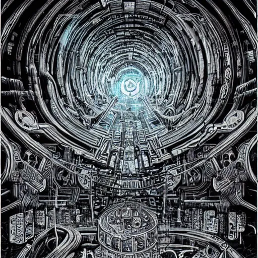 Image similar to a hyper realistic painting of a cyberpunk labyrinth, by joe fenton, highly detailed, vivid color,