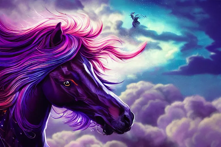 Image similar to a stunning horse with bioluminescent mane and tail running in the clouds by sandra chevrier and greg rutkowski, purple blue color scheme, vaporware, retro, outrun, high key lighting, volumetric light, digital art, highly detailed, fine detail, intricate, ornate, complex, octane render, unreal engine, photorealistic