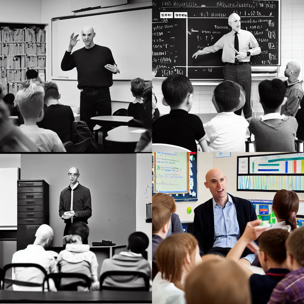 Prompt: A photograph of a tall caucasian bald male teacher wearing a sixpence discussing the benefits and dangers of AI with his students in the classroom, 55mm zeiss hasselblad f/4 award winning photo