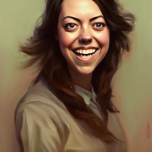 Prompt: portrait painting of aubrey plaza age 2 5, bright and energetic, with a sweet smile and floofy hair, render cinematic lighting art 1 9 2 0 period drama by bussiere rutkowski andreas rocha