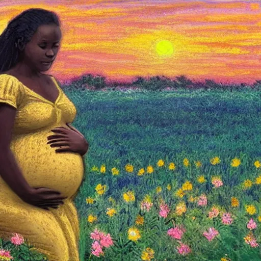 Image similar to a pregnant east african woman with her black puppy in a vast field of flowers, looking off into the sunset, relaxing, wide shot, golden hour, vintage, impressionist painting, fine art, oil painting, dreamy, pastel, laughing, happy, intricate details, sharp, peaceful, serene