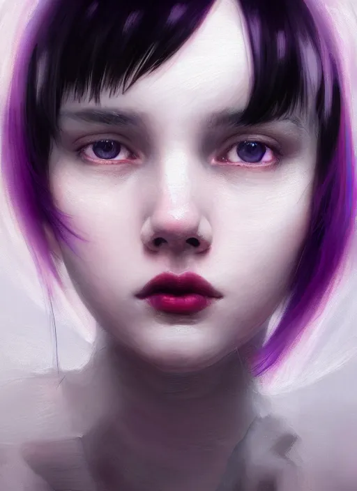 Image similar to portrait of teenage girl, red irises, bangs, black and white hair, white bangs, purple clothes, white bangs, two color hair, black hair and white bangs, intricate, elegant, glowing lights, highly detailed, digital painting, artstation, concept art, smooth, sharp focus, illustration, art by wlop, mars ravelo and greg rutkowski