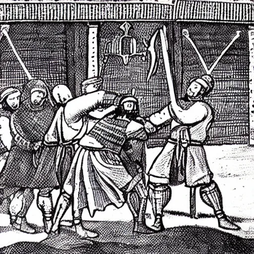 Prompt: medieval sword fight cctv footage