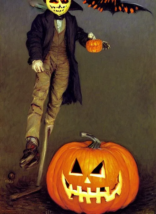 Prompt: a haunted scarecrow, holding a jack - o - lantern, as a matte oil painting and d & d character art, by gustave caillebotte, standing, fullbody, flying bats, loose pages, concept art, award - winning, extremely detailed, sharp focus