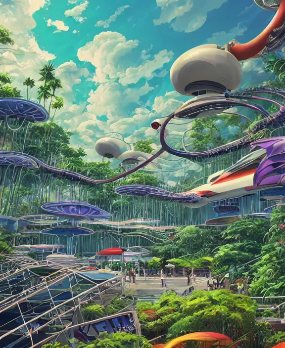 Image similar to simplicity, elegance, an amusement park made out of predatory organic creatures, in the style of a streamlined asymmetrical spaceship, overgrown with orchids, partly cloudy, sun - drenched, by dan mumford, yusuke murata, makoto shinkai, ross tran, cinematic, unreal engine, cel shaded, featured on artstation, pixiv