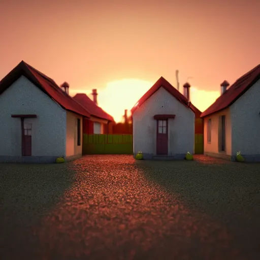 Image similar to houses made of clay, digital art, octane render, blender, artstation, vaponpunk, sunset, 8k, soft light, ray tracing, wet ground