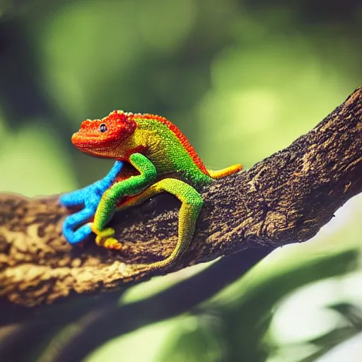 Prompt: a epic shot of a gummy chameleon hanging on a branch of a tree