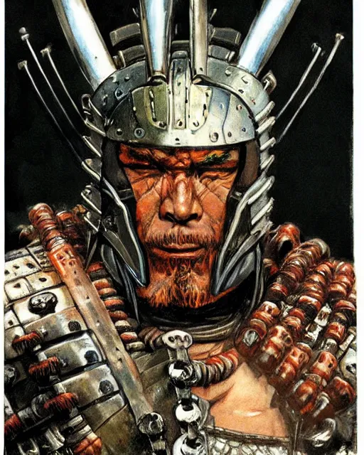 Image similar to portrait of a samurai cyborg wearing armor by simon bisley, john blance, frank frazetta, fantasy, barbarian