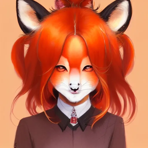 Prompt: character design portrait of a beatiful chinese anthropomorphic furry fox woman with fox ears, long orange hair, wearing a suits, looking at the camera, 4 k, concept art, by wlop, wenjun lin, watercolor, ilya kuvshinov, artgerm, krenz cushart, pixiv.
