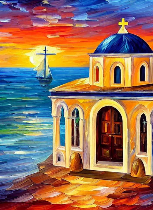 Image similar to beautiful seaside greek chapel surrounded by a village at sunset in the style of leonid afremov