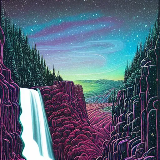 Prompt: ngc 3132 falling waterfall mysterious landscape by Casey Weldon, edge of the world