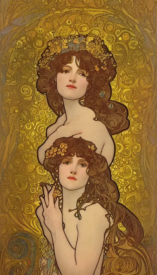 Prompt: a combination of the art styles of Alphonse Mucha and Gustav Klimt, gold leaf, faded colors