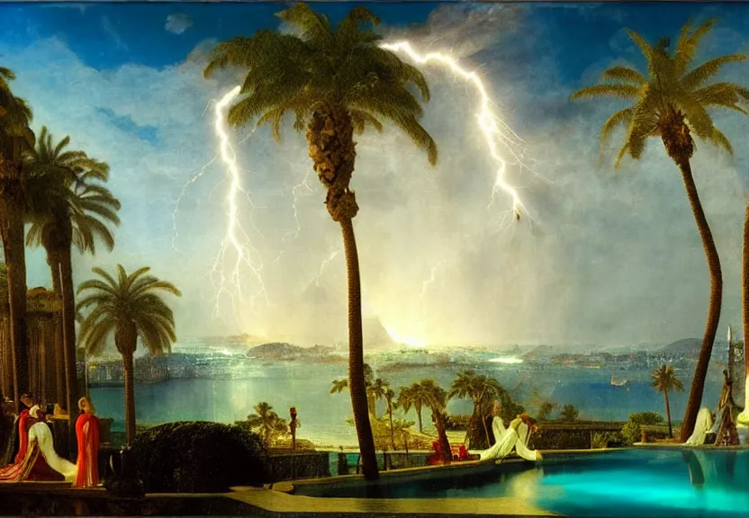 Image similar to Palace floating in the sky, refracted sparkles, thunderstorm, greek pool, beach and palm trees on the background major arcana sky, by paul delaroche, hyperrealistic 4k uhd, award-winning, very very very detailed