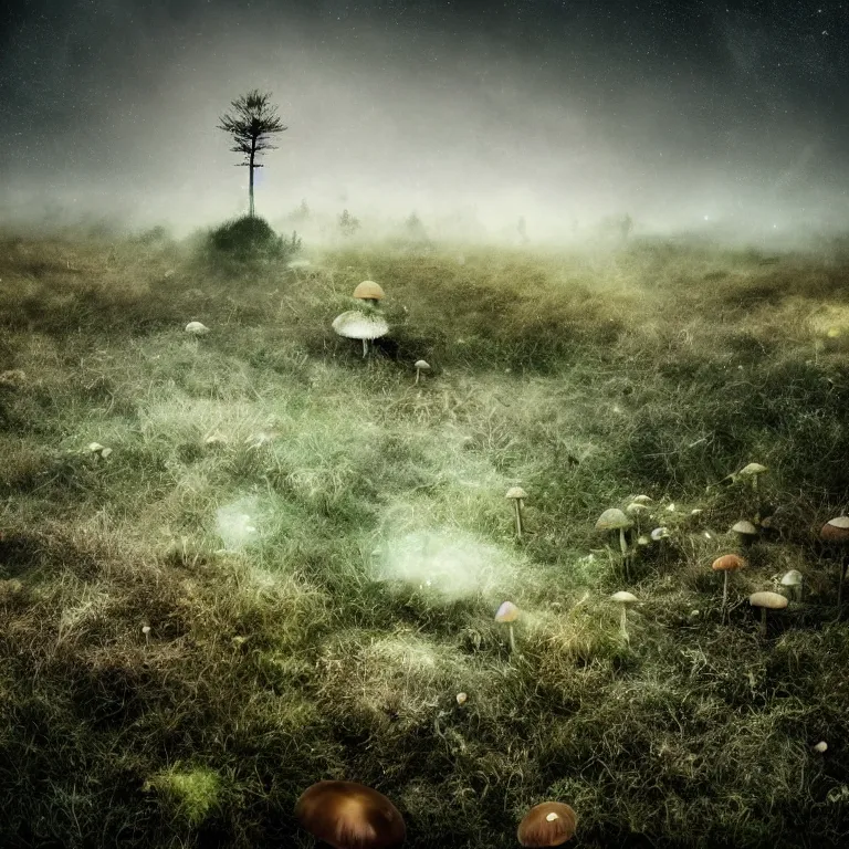 Image similar to a planet of various fungus, mushrooms and plants, inside the picture is infinity, Atmospheric phenomenon, artistic photography, muted colors, conceptual, long exposure outside the city, volumetric light