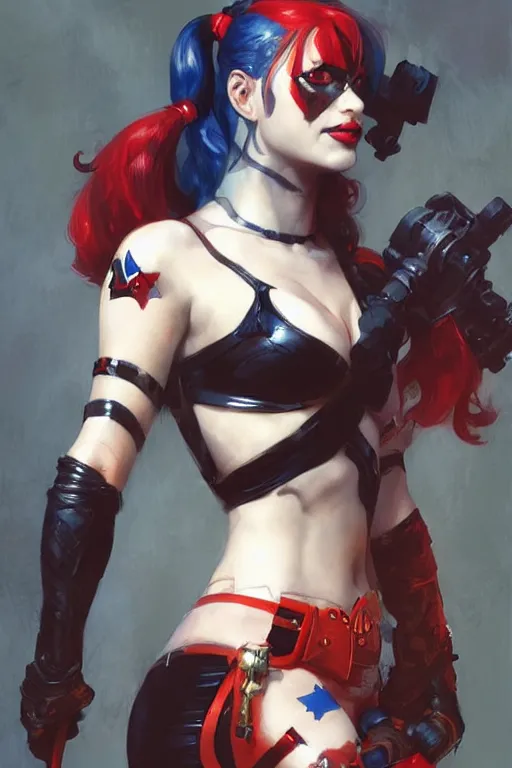 Image similar to Harley Quinn, dc comics, Warhammer 40000, digital art from artstation by Ruan Jia and Mandy Jurgens and Artgerm and william-adolphe bouguereau