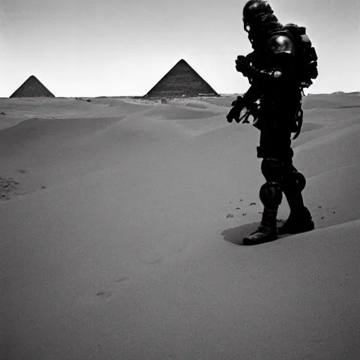 Prompt: a heavily armored man wearing a gasmask, walking over sand dunes, pyramid in background, film still, arrflex 3 5