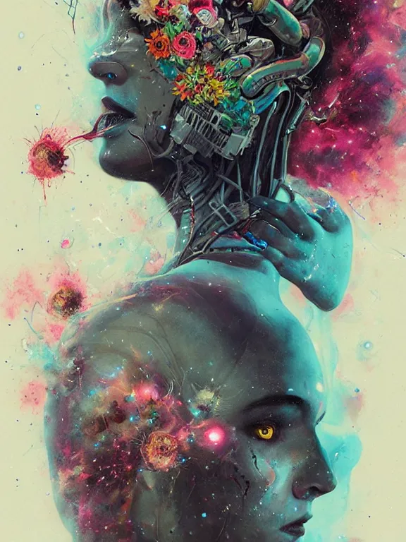 Prompt: art portrait of space zombie with flower exploding out of head,8k,by tristan eaton,Stanley Artgermm,Tom Bagshaw,Greg Rutkowski,Carne Griffiths,trending on DeviantArt,face enhance,hyper detailed,minimalist,cybernetic, android, blade runner,full of colour,
