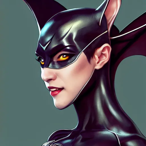 Image similar to 3 / 4 view of a portrait of bat woman with bat wings, confident pose, pixie, genshin impact,, intricate, elegant, sharp focus, illustration, highly detailed, concept art, matte, trending on artstation, anime, art by wlop and artgerm and greg rutkowski, marvel comics h 6 4 0