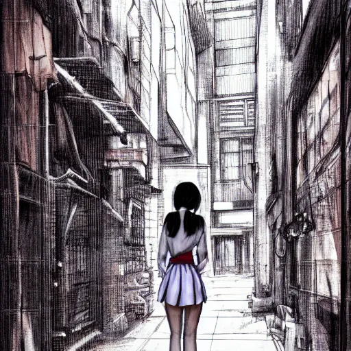 Prompt: a perfect, realistic professional digital sketch of a Japanese schoolgirl posing in a sci-fi alleyway, style of Marvel, full length, by pen and watercolor, fine details, no line, by a professional American senior artist on ArtStation, a high-quality hollywood-style sketch, on high-quality paper