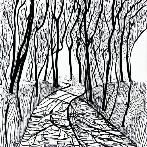 Image similar to path in the woods, vector, line art, black and white, illustration by aluna1