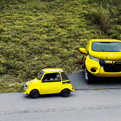 Prompt: a man being chased by a tiny fast yellow car in the wild