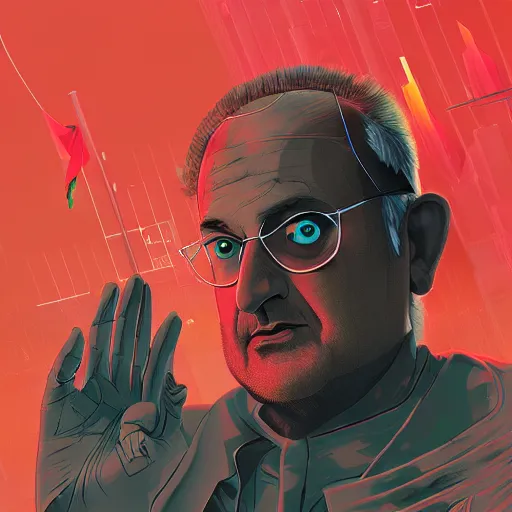 Prompt: cyberpunk salman rushdie as the leader of a futuristic communist nation, cybernetics, sharp lines, digital, artstation, colored in