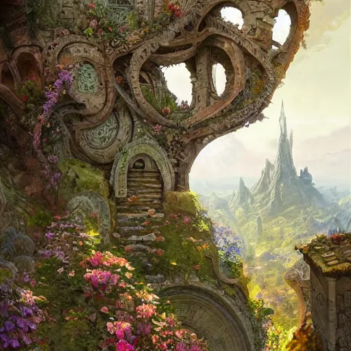 Image similar to forgotten stone city on a hill that rises up from the plain. the stone is carved into intricate patterns: spirals and flowers, vines and knots. towers high above, archways, strange trees and flowers. a beautiful and vivid and colorful andreas rocha and peter mohrbacher impasto!! acrylic painting