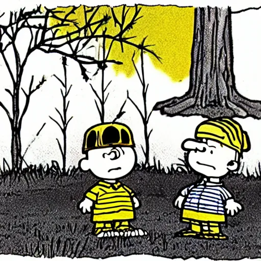 Image similar to charlie brown and linus in ending scene of the blair witch project,