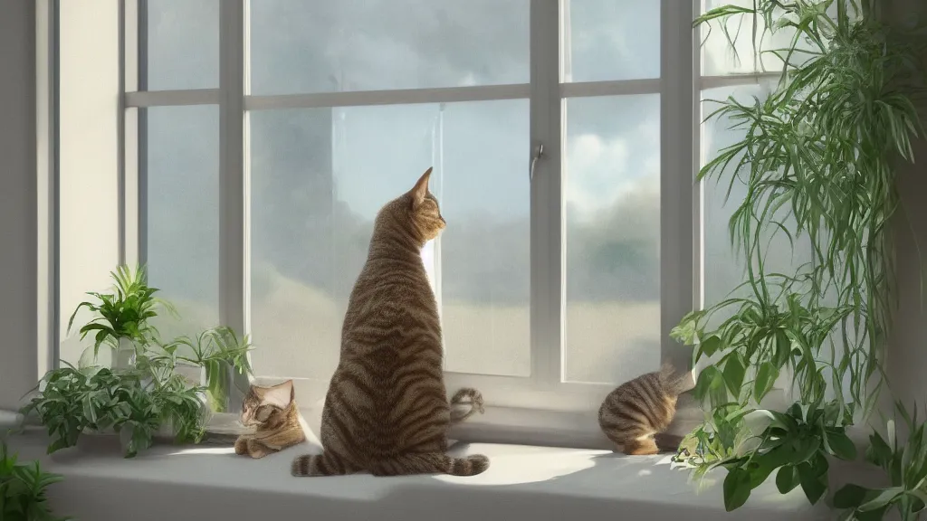 Prompt: beautiful peaceful dreamy painting of a content tabby cat sitting by a window and looking outside, sunshine coming through the window, small plants on the window sill, 8k, hyper realism, trending on artstation, octane render