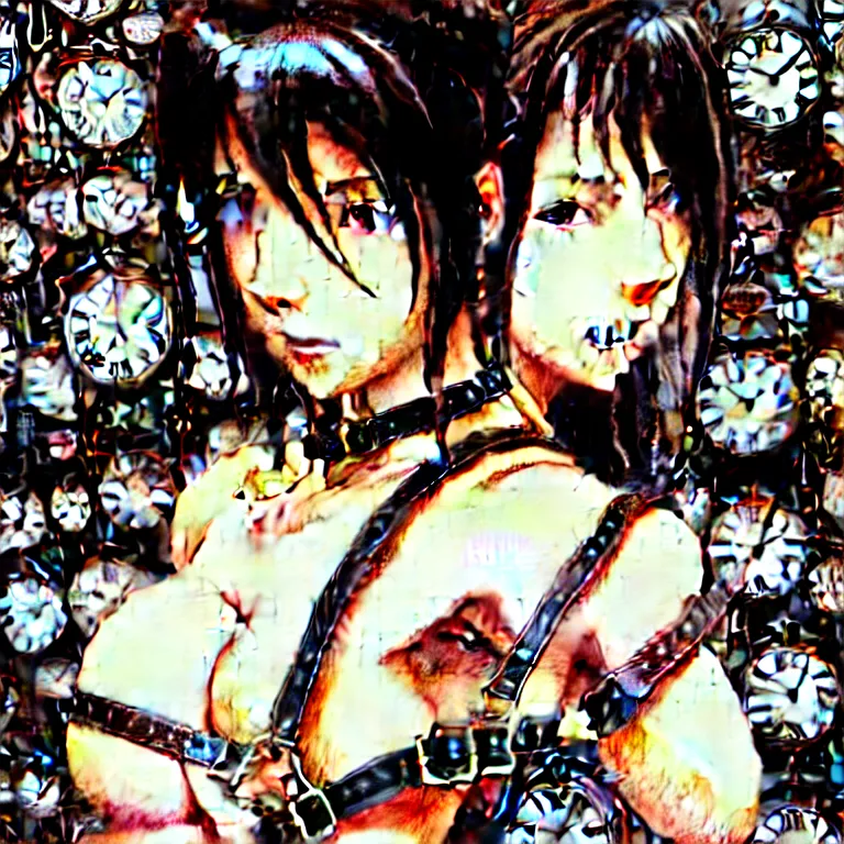 Prompt: bemused to be locked in a leather neck restraint, Tifa Lockhart in a full frame zoom up of her face and neck, looking upwards in a room of old ticking clocks, complex artistic color ink pen sketch illustration, full detail, gentle shadowing, fully immersive reflections and particle effects, concept art by Artgerm andRange Murata and Studio Ghibli in collaboration.