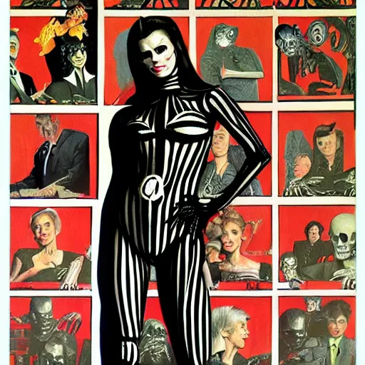 Image similar to portrait of a woman, wearing a skeleton catsuit, by alex ross and norman rockwell.