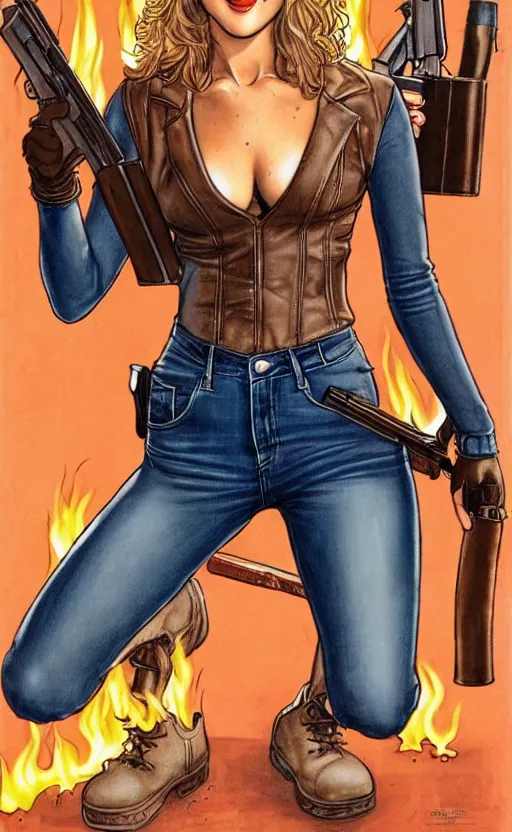 Image similar to Milo Manara comic cover art, Jennifer Lawrence with guns, smile, direct gaze, brown leather jacket, jeans, full body, building on fire, neon colors, detailed, 4k